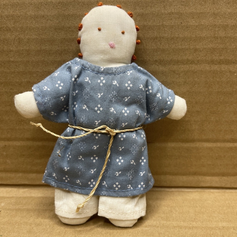 Vintage Handmade Folk Art Cloth Doll 6" Blue Dress Primitive Rag Doll